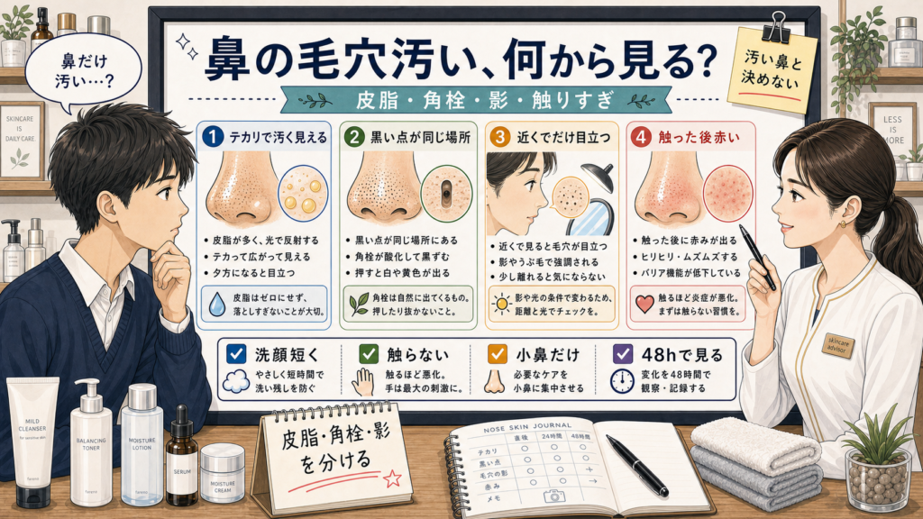 鼻の毛穴汚い悩みを皮脂・角栓・影・触りすぎで分ける中学生向け高密度イラスト相談ボード