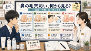鼻の毛穴汚い悩みを皮脂・角栓・影・触りすぎで分ける中学生向け高密度イラスト相談ボード