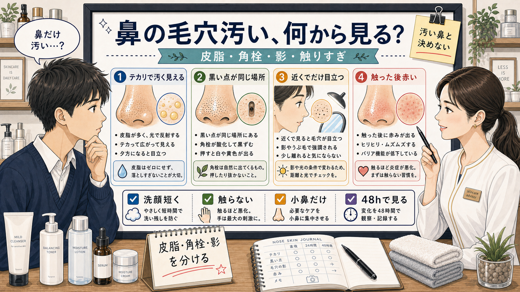 鼻の毛穴汚い悩みを皮脂・角栓・影・触りすぎで分ける中学生向け高密度イラスト相談ボード