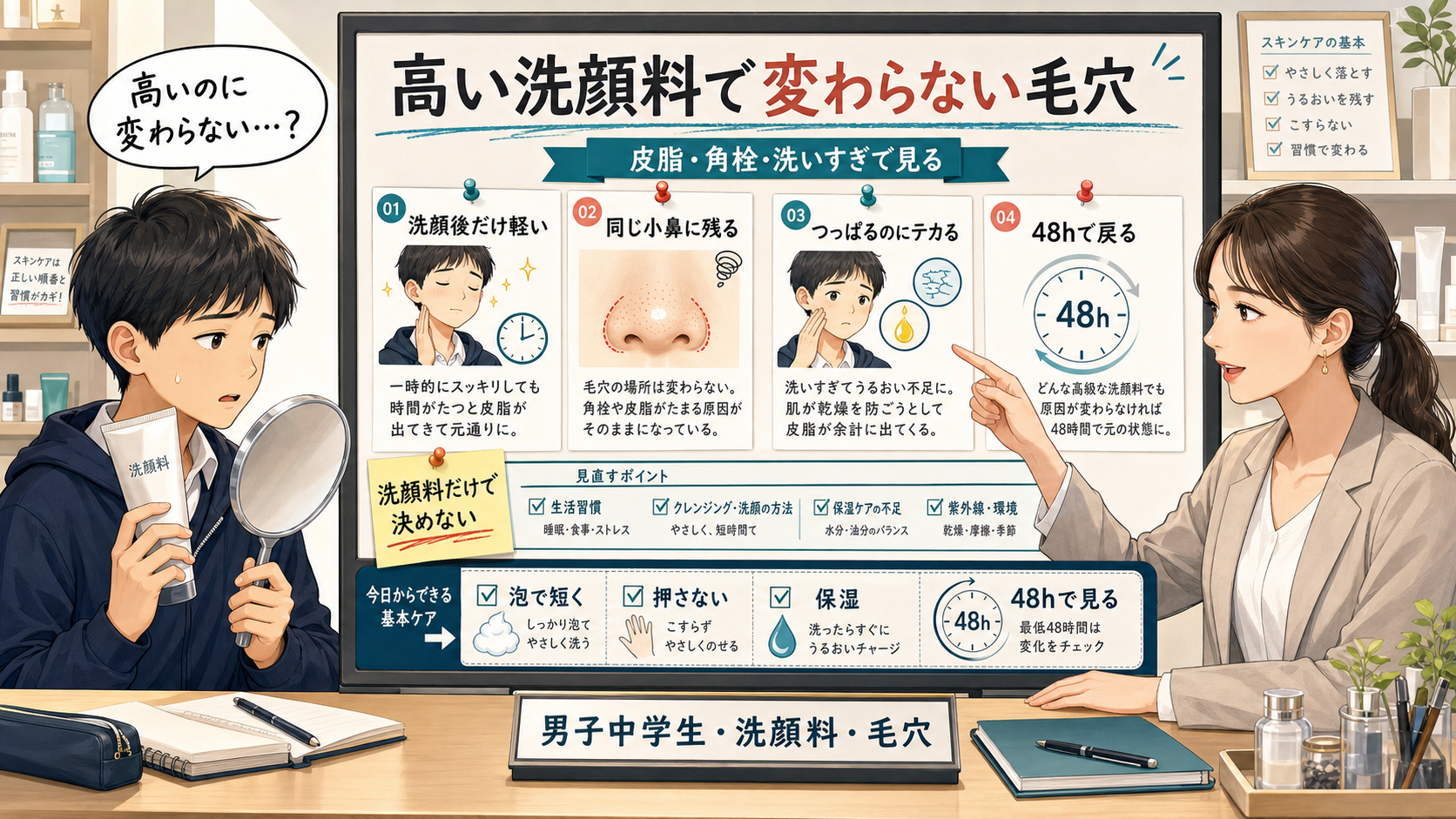 男子中学生が高い洗顔料でも毛穴が変わらない理由を見直す解説アイキャッチ