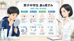 中学生男子の鼻の黒ずみを成人女性アドバイザーと皮脂戻り・洗いすぎ・ざらつき・48時間で見分ける図