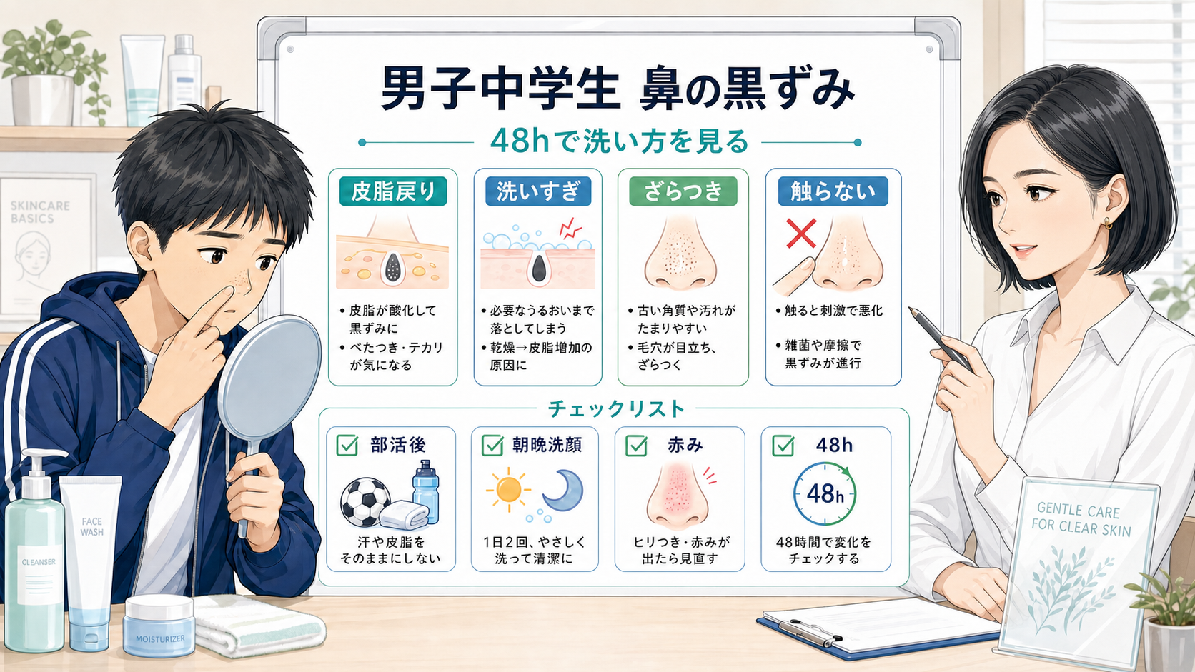 中学生男子の鼻の黒ずみを成人女性アドバイザーと皮脂戻り・洗いすぎ・ざらつき・48時間で見分ける図