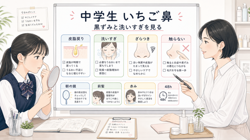 中学生のいちご鼻と鼻の黒ずみを、皮脂戻り・洗いすぎ・ざらつき・48時間確認で見分ける美容メディア図解