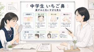 中学生のいちご鼻と鼻の黒ずみを、皮脂戻り・洗いすぎ・ざらつき・48時間確認で見分ける美容メディア図解