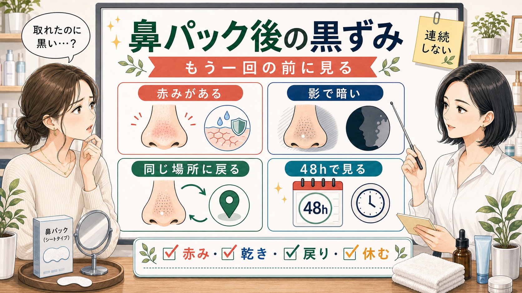 鼻パック後の黒ずみを赤み・乾き・戻り方で見分ける大人向け解説ボード