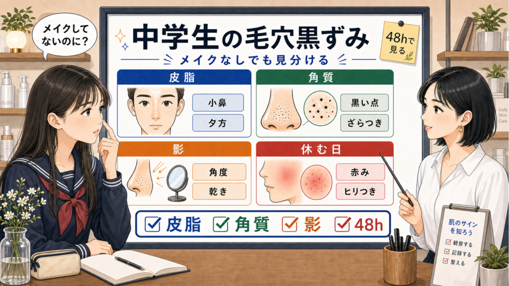 中学生の毛穴黒ずみを女子中学生に1433基準の若い女性アドバイザーが皮脂と角質と影で解説する図