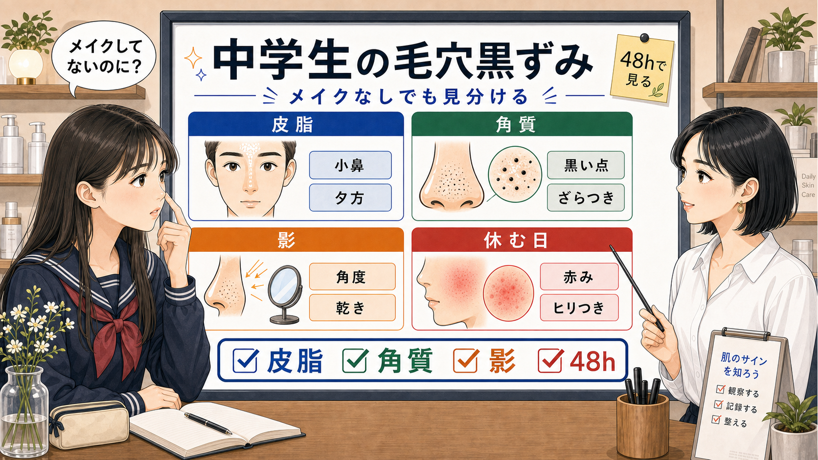 中学生の毛穴黒ずみを女子中学生に1433基準の若い女性アドバイザーが皮脂と角質と影で解説する図