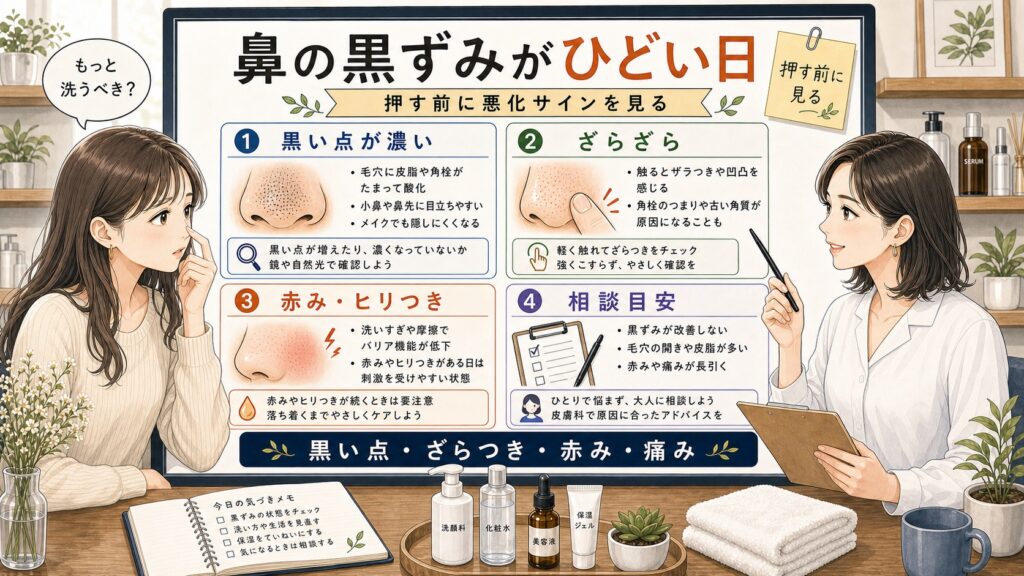 鼻の黒ずみがひどい日に押す前に悪化サインを見るアイキャッチ