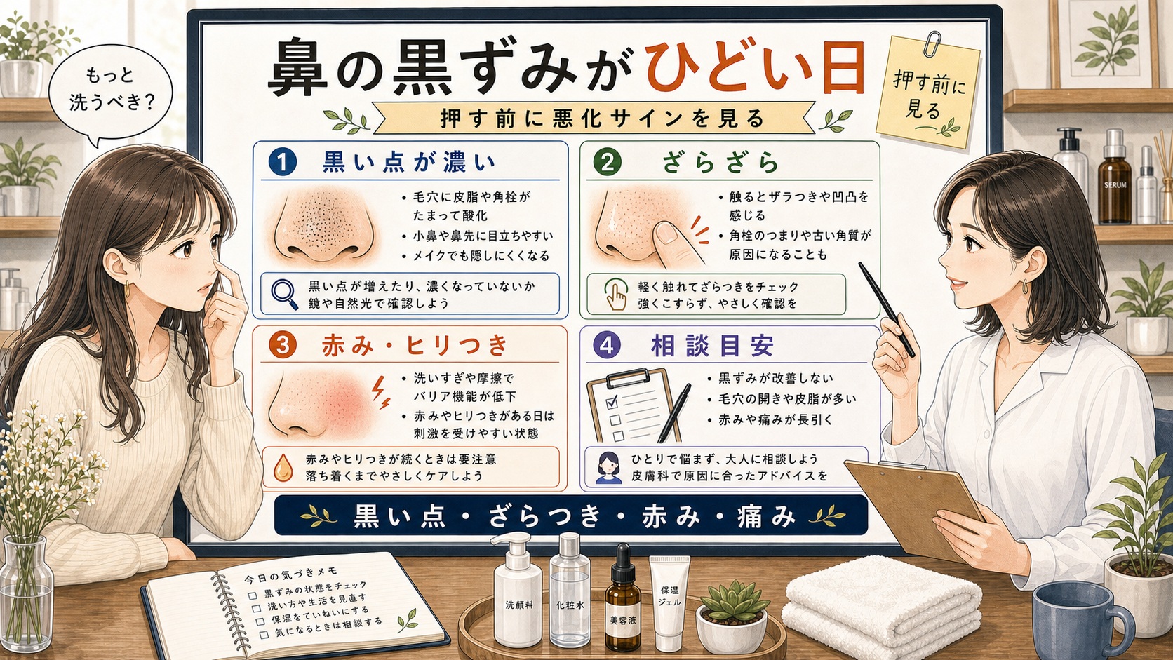 鼻の黒ずみがひどい日に押す前に悪化サインを見るアイキャッチ