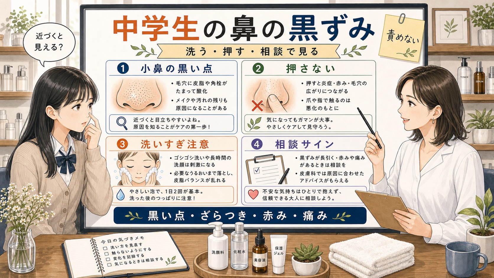 中学生の鼻の黒ずみを洗う・押す・相談で見るアイキャッチ