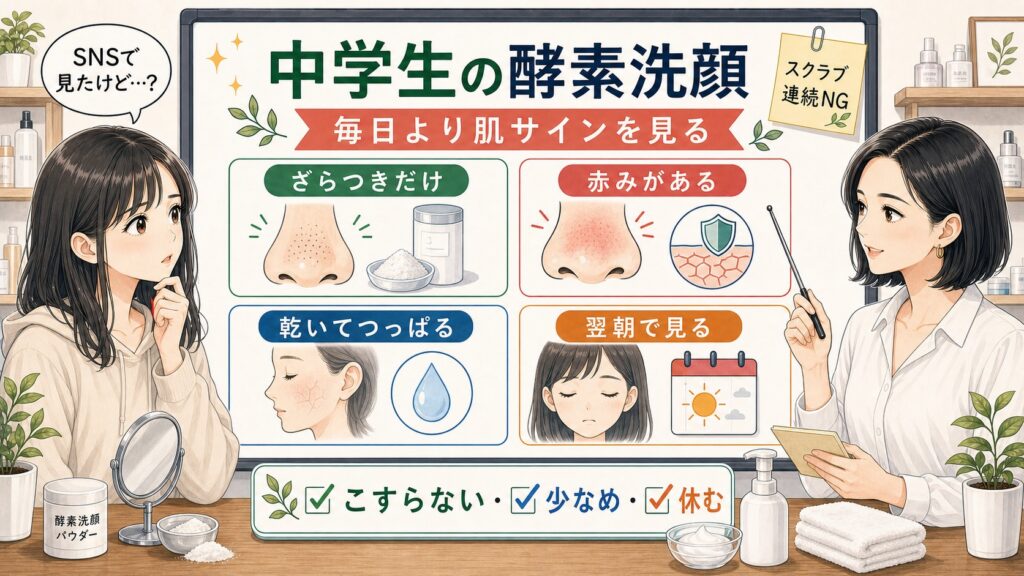 中学生の酵素洗顔をざらつき・赤み・乾き・翌朝の肌サインで見分ける解説ボード