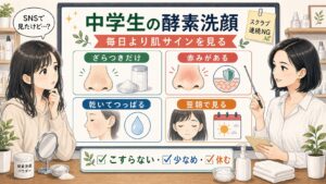 中学生の酵素洗顔をざらつき・赤み・乾き・翌朝の肌サインで見分ける解説ボード