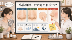 小鼻角栓を白いポツポツ・黒い点・ざらつき・赤みで分ける判断ボード