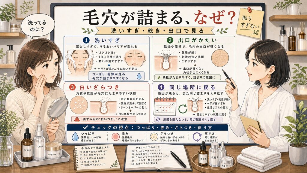 毛穴が詰まる原因を洗いすぎ、乾き、出口の硬さで整理するアイキャッチ