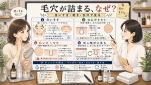 毛穴が詰まる原因を洗いすぎ、乾き、出口の硬さで整理するアイキャッチ
