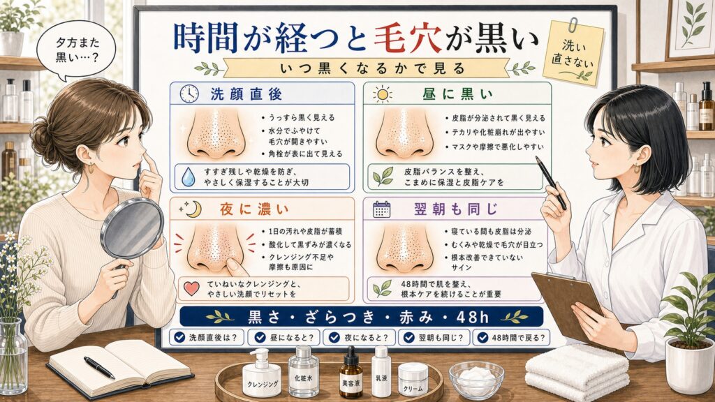 時間が経つと黒くなる毛穴を洗顔直後・昼・夜・翌朝で見分ける解説ボード
