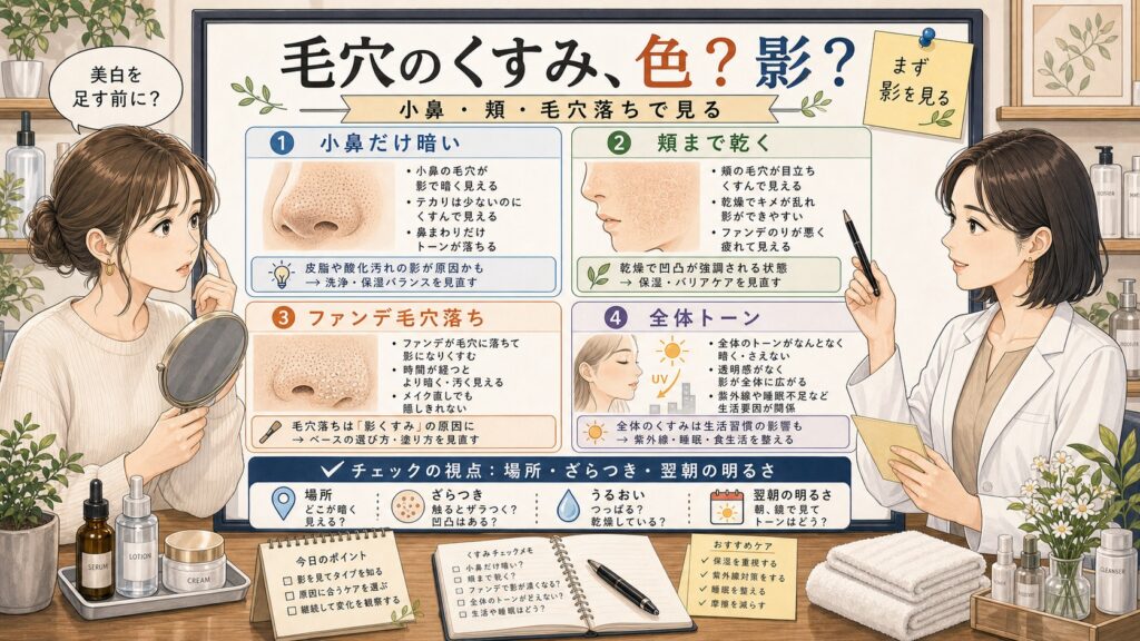 毛穴のくすみを小鼻の影や頬の乾きやファンデ毛穴落ちで見分ける1433基準の相談ボード型アイキャッチ