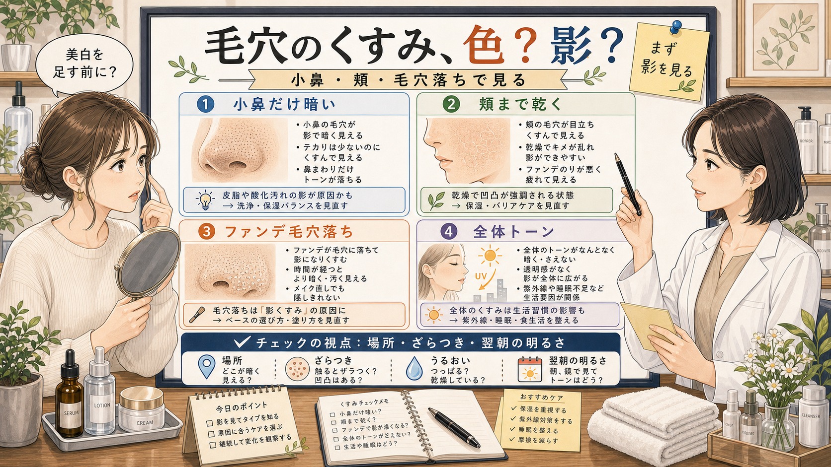 毛穴のくすみを小鼻の影や頬の乾きやファンデ毛穴落ちで見分ける1433基準の相談ボード型アイキャッチ