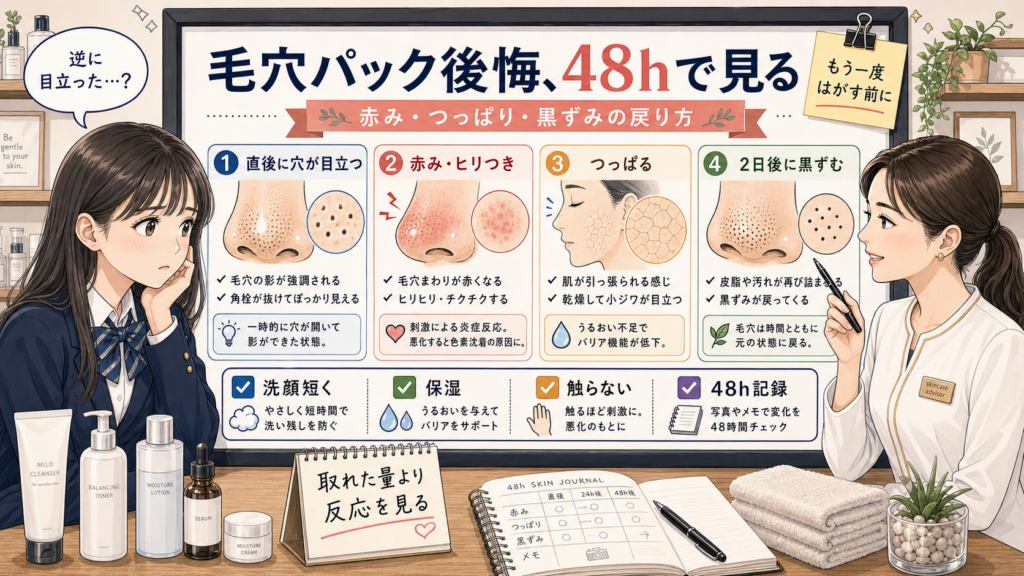毛穴パック後悔を赤み・つっぱり・黒ずみの戻り方で48時間確認する高校生向け高密度イラスト相談ボード