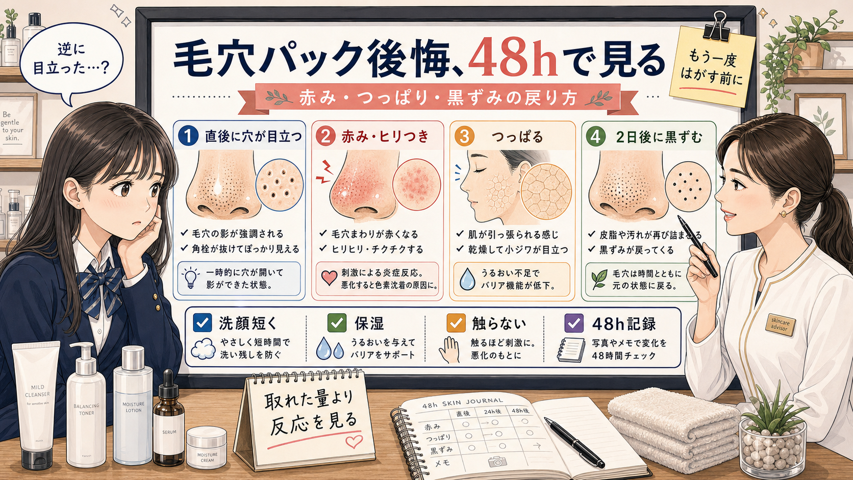 毛穴パック後悔を赤み・つっぱり・黒ずみの戻り方で48時間確認する高校生向け高密度イラスト相談ボード