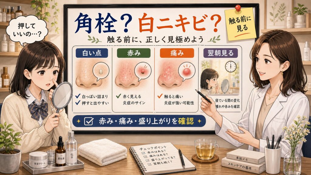 角栓と白ニキビの違いを触る前に確認する高校生向けの診断ボード風アイキャッチ
