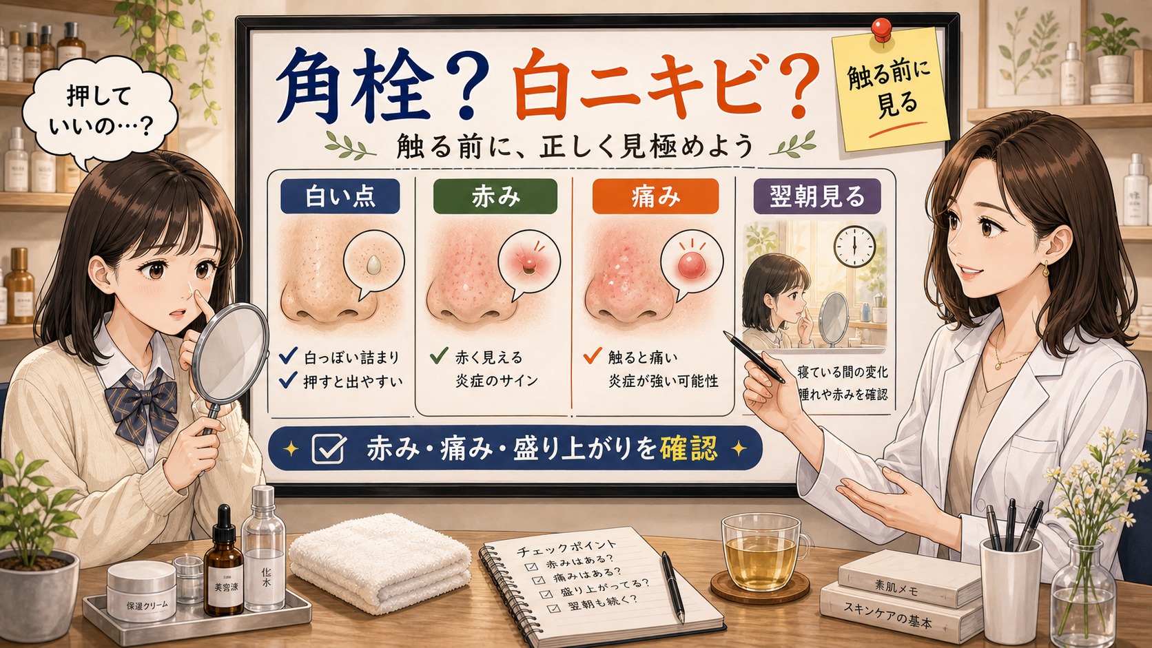 角栓と白ニキビの違いを触る前に確認する高校生向けの診断ボード風アイキャッチ