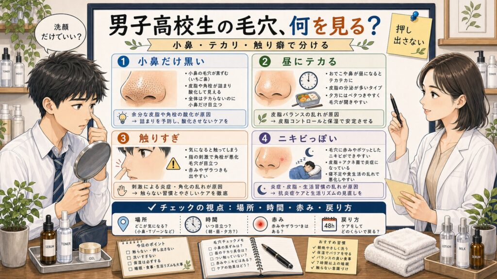 男子高校生の毛穴悩みを小鼻の黒ずみや昼のテカリや触り癖で見分ける1433基準の相談ボード型アイキャッチ