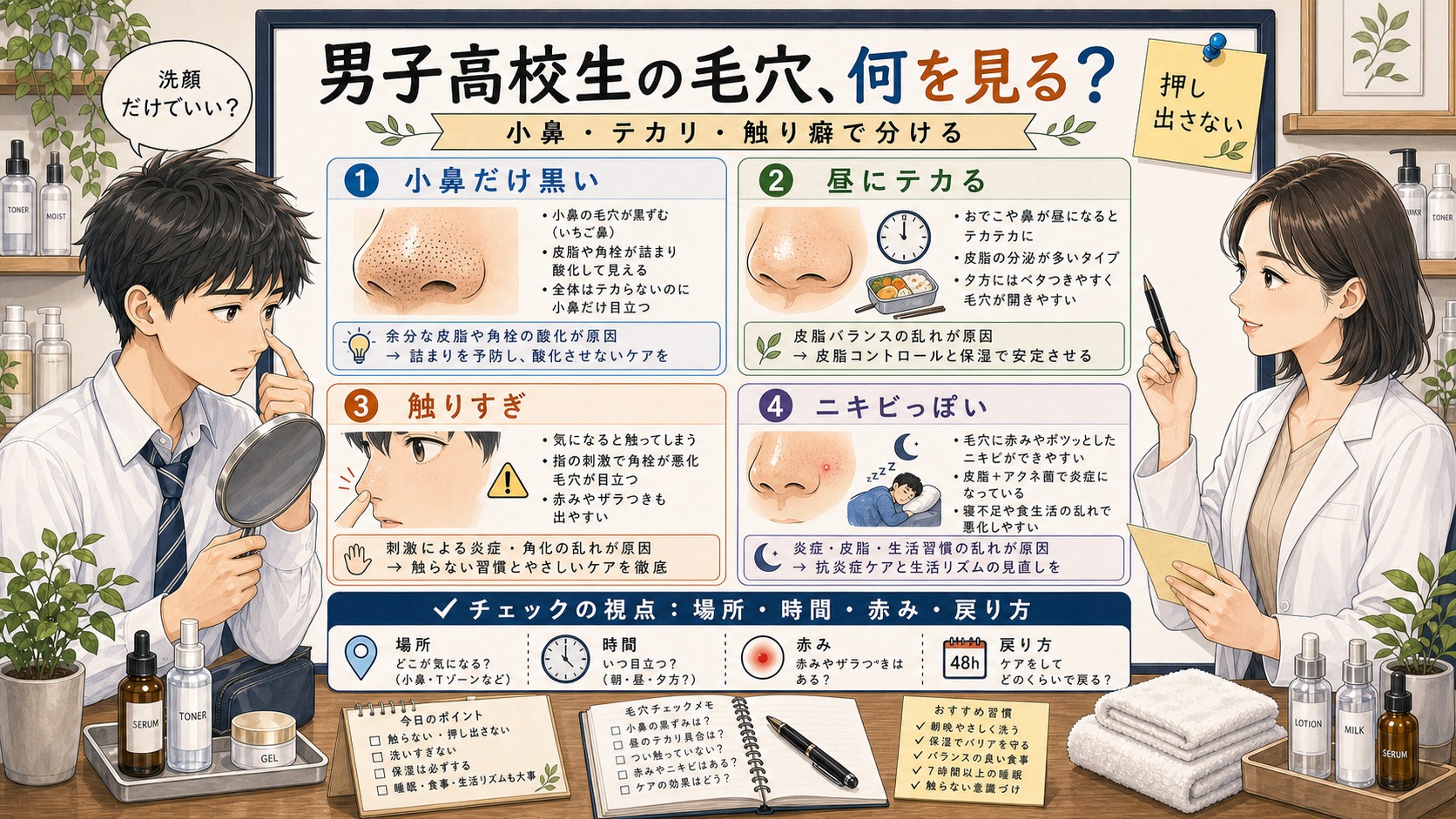 男子高校生の毛穴悩みを小鼻の黒ずみや昼のテカリや触り癖で見分ける1433基準の相談ボード型アイキャッチ