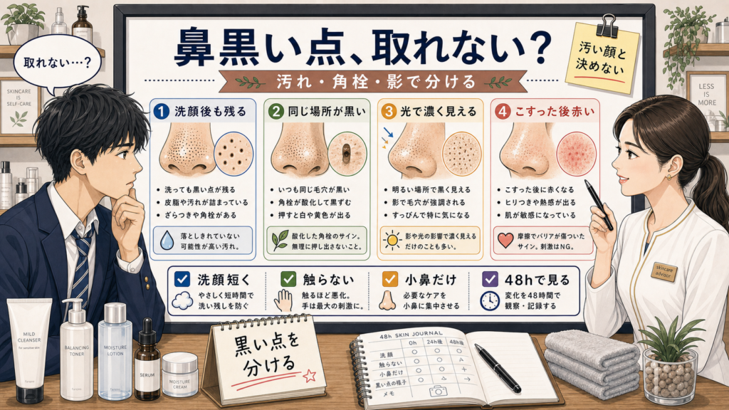 鼻黒い点が取れない男子高校生向けに汚れ・角栓・影を分ける高密度イラスト相談ボード