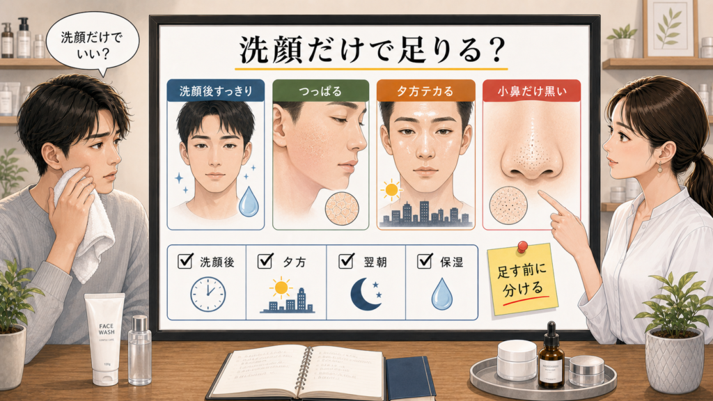 洗顔だけで足りるかを洗顔後・夕方・翌朝・保湿で分ける判断ボード
