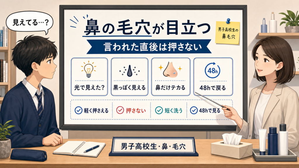 男子高校生が鼻の毛穴が目立つと言われた時の落ち着いた対処を整理する解説アイキャッチ