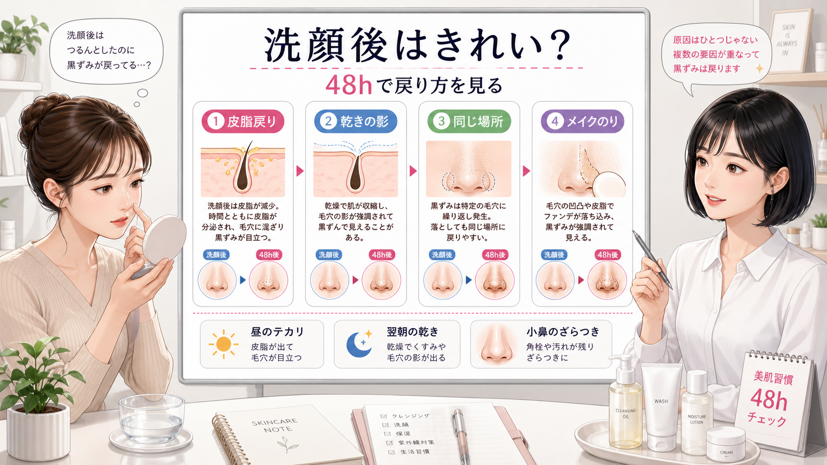 毛穴が洗顔後はきれいでも黒ずみが戻る理由を1433基準の精密な美容メディア挿絵で示す図