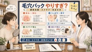 毛穴パックや酵素洗顔やスクラブのやりすぎサインを1433基準の診断ボードで確認する20代女性向けアイキャッチ