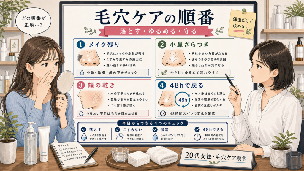 20代女性の毛穴ケア順番を落とす・ゆるめる・守るで整理する解説アイキャッチ