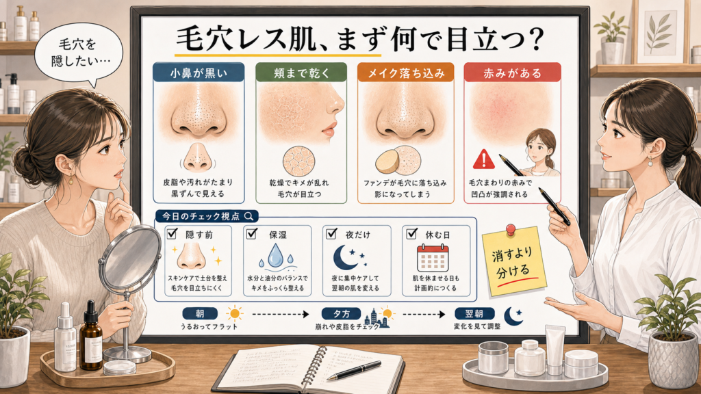 毛穴レス肌に見えない原因を黒ずみ・乾き・メイク落ち込み・赤みで分ける判断ボード