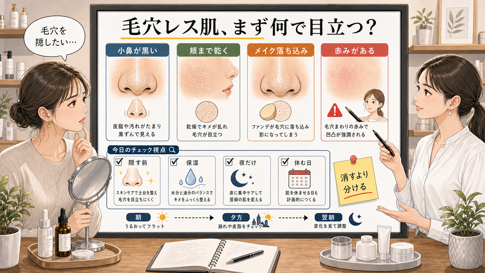 毛穴レス肌に見えない原因を黒ずみ・乾き・メイク落ち込み・赤みで分ける判断ボード
