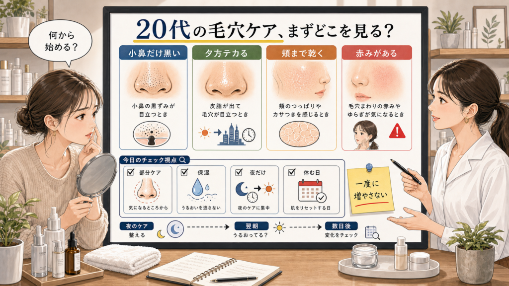 20代の毛穴ケアを小鼻の黒ずみ、夕方のテカリ、頬の乾き、赤みで分ける相談ボード
