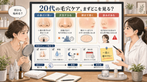 20代の毛穴ケアを小鼻の黒ずみ、夕方のテカリ、頬の乾き、赤みで分ける相談ボード
