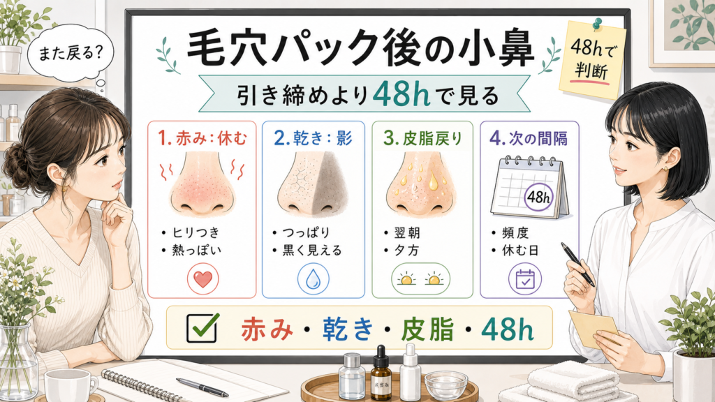 毛穴パック後の引き締めと48時間の戻り方を1433基準の精密な美容メディア挿絵で解説する図