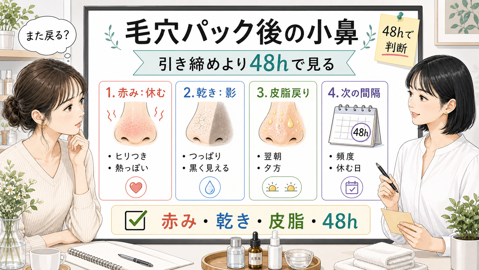 毛穴パック後の引き締めと48時間の戻り方を1433基準の精密な美容メディア挿絵で解説する図