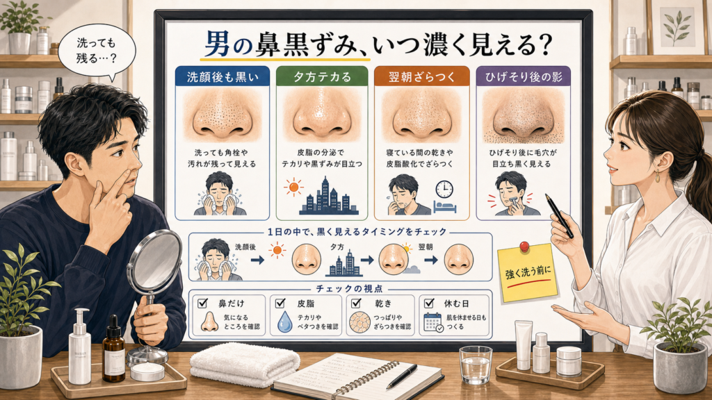 男の鼻黒ずみを洗顔後、夕方、翌朝、ひげそり後で分ける相談ボード