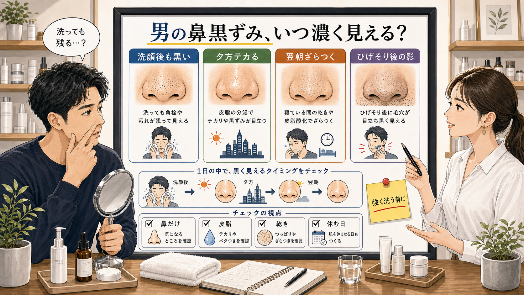男の鼻黒ずみを洗顔後、夕方、翌朝、ひげそり後で分ける相談ボード