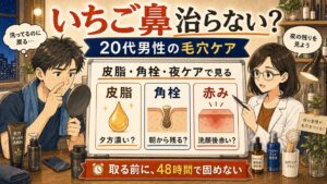 20代男性のいちご鼻を皮脂と角栓と夜ケアで見分けるイラスト