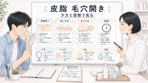 皮脂で毛穴開きが目立つ20代男性向けに、皮脂戻り・洗いすぎ・ざらつき・48時間確認を整理した美容メディア図解