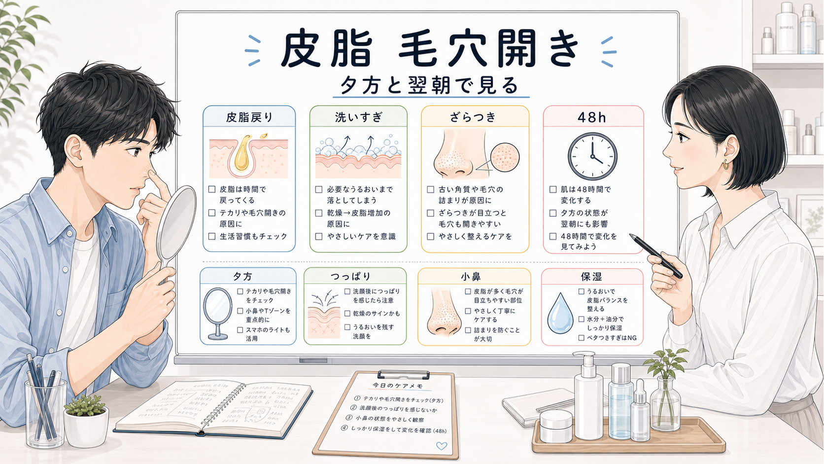 皮脂で毛穴開きが目立つ20代男性向けに、皮脂戻り・洗いすぎ・ざらつき・48時間確認を整理した美容メディア図解