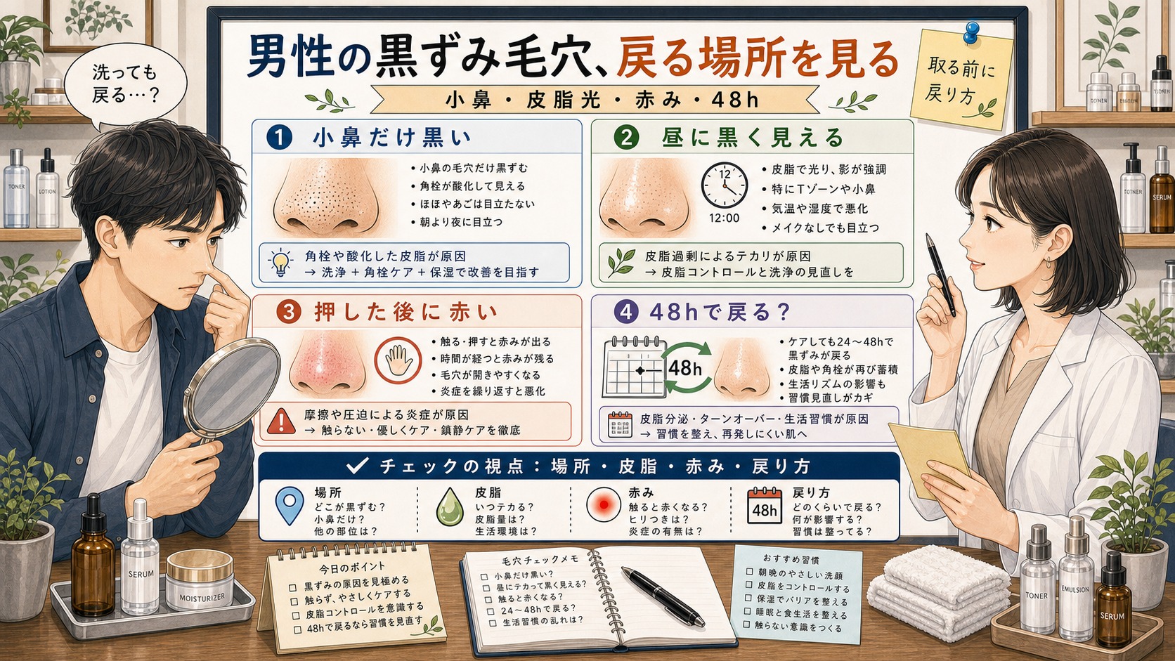男性の黒ずみ毛穴を小鼻や皮脂光や赤みや48時間の戻り方で見分ける1433基準の相談ボード型アイキャッチ