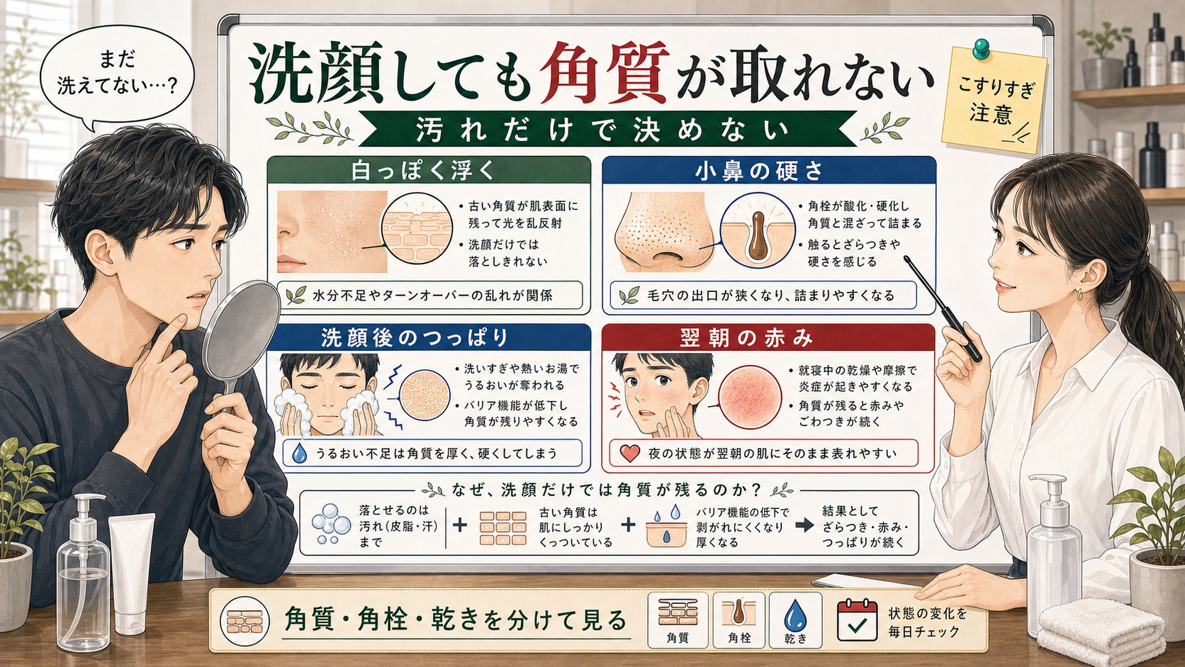 20代男性の洗顔後に残る角質感を若い女性アドバイザーが解説する見分け方