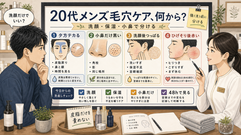 20代メンズの毛穴スキンケアを洗顔・保湿・小鼻で分ける高密度イラスト相談ボード