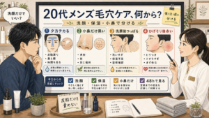 20代メンズの毛穴スキンケアを洗顔・保湿・小鼻で分ける高密度イラスト相談ボード