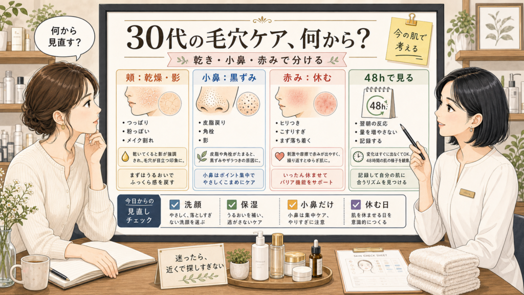 30代の毛穴スキンケアを乾き・小鼻・赤みで分ける高密度イラスト相談ボード